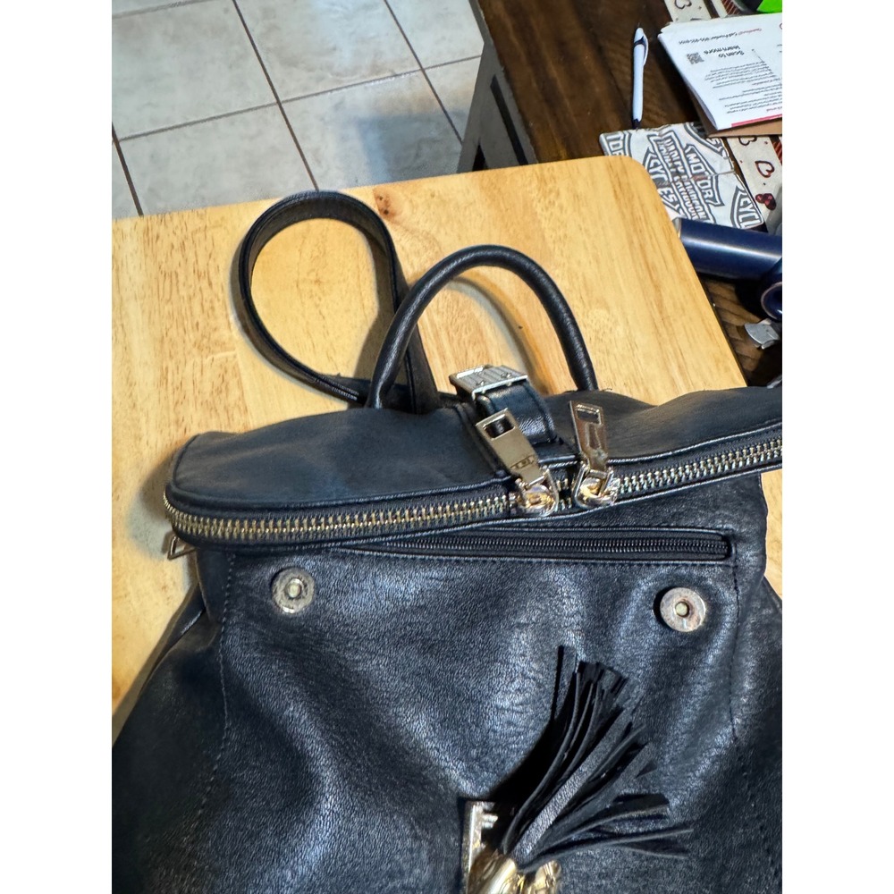 Mystique Black Vegan Leather Tassel Backpack Gold Hardware Striped Lining - Picture 4 of 7